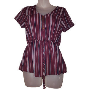 GLANCE Women's Red Striped V Neck Half Zip Peplum Top Size M BG 11